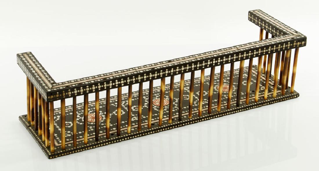 19thC Anglo-Indian Ebony Book Rack: 19th century Anglo-Indian book rack, ebony and quill with extensive inlay, 4 1/2" x 17 3/4" x 5 1/2".