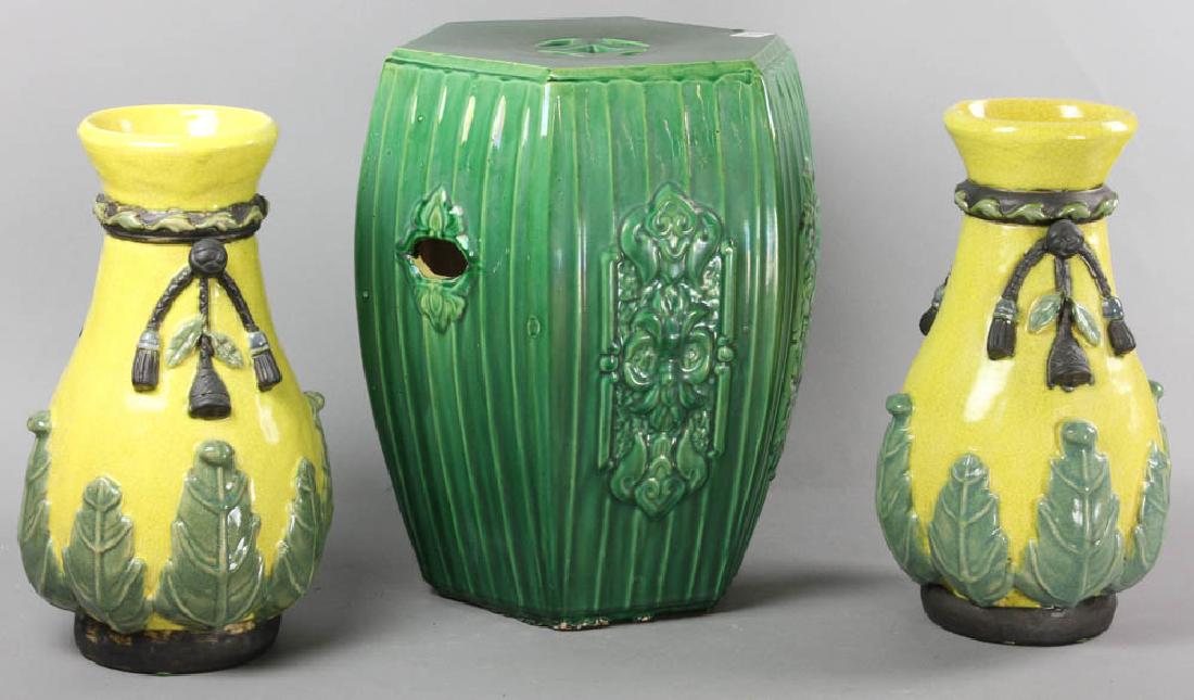 Chinese Glazed Pottery Garden Seat, Vases: Chinese green-glazed garden seat, 16 1/2" H x 12" W, together with pair of Chinese yellow-glazed pottery vases, 15".