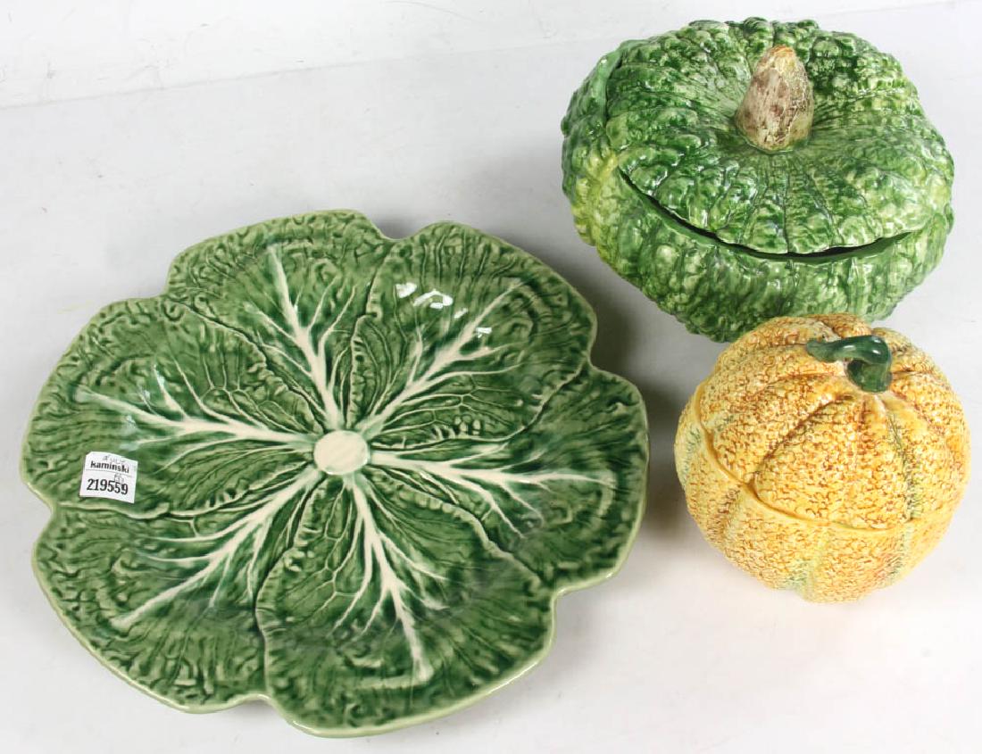 Earthenware Vegetable Form Dishes: Earthenware vegetable-form dishes, small yellow melon-form covered bowl, 5" h x 6" diameter and green squash-form covered dish, 6" H x 8" diameter, both marked 'Made in Italy' together with cabbage le