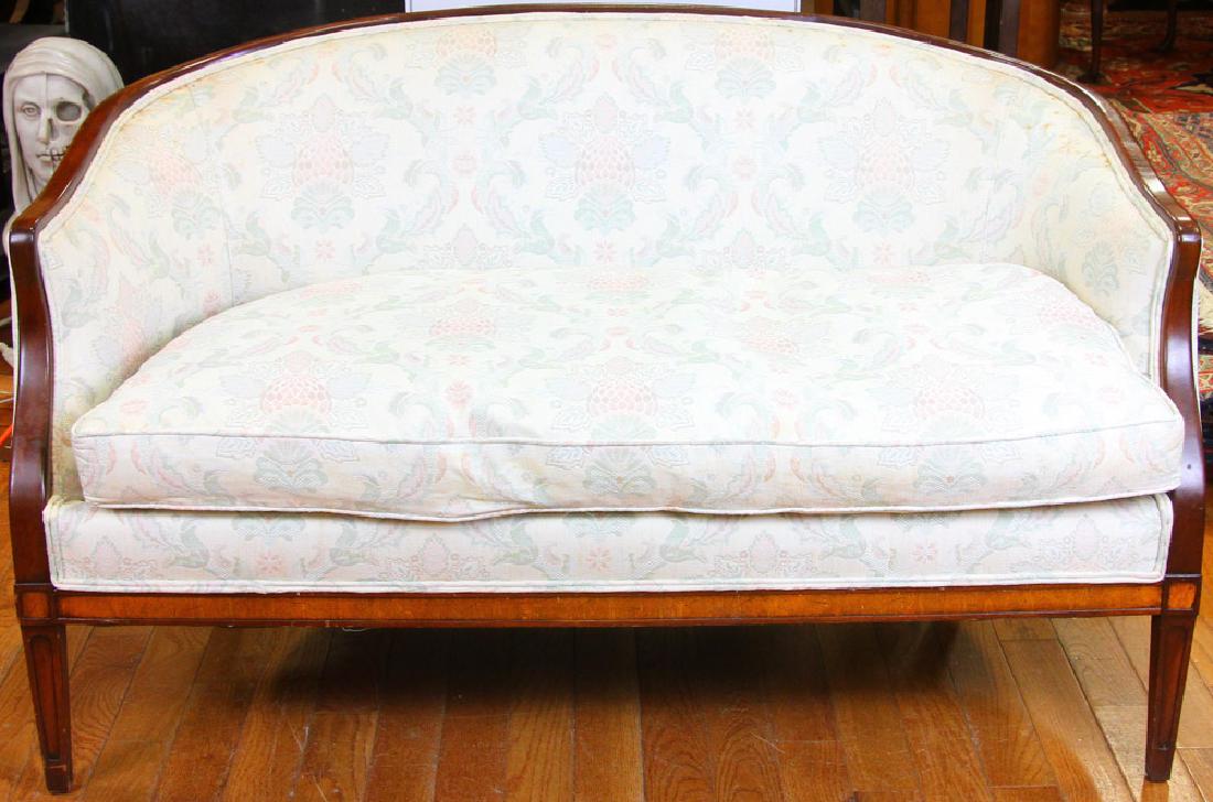 Custom Sheraton Style Mahogany Sofa: Custom Sheraton-style mahogany upholstered sofa, 31" H x 53" W x 30" D.