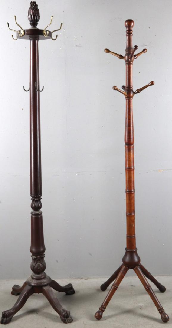 Two Antique Coat Racks: Two coat racks; one mahogany with claw foot base with pineapple finial, 69" H; one cherry wood 4 peg, 64".