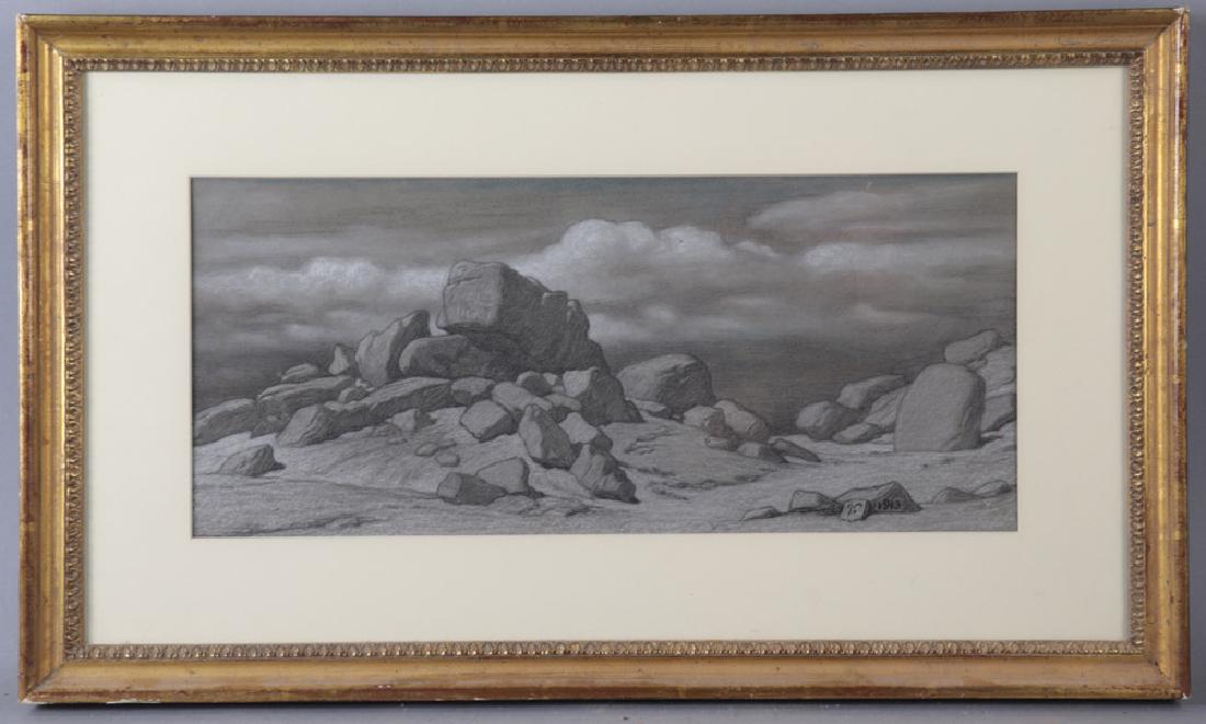 Elihu Vedder, Rocky Landscape, Pastel: Elihu Vedder (American, 1836-1923), rocky landscape, pastel on paper, signed with artist's cipher, Kennedy Galleries, New York label verso, 7 1/4" x 17", frame 13 3/8" x 23 1/8".