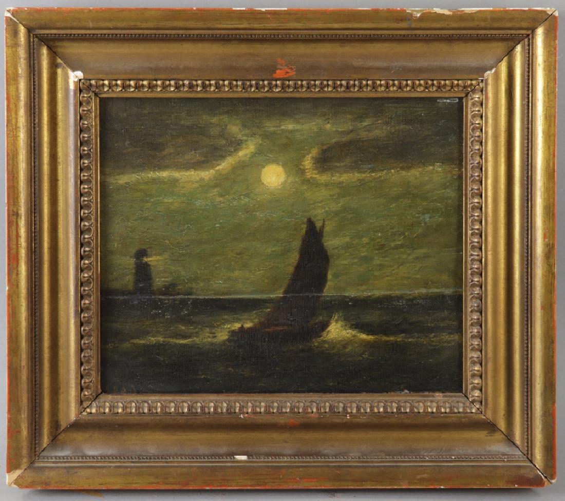 Attr to Albert Pinkham Ryder, Lighthouse: Attributed to Albert Pinkham Ryder (1847-1917), the lighthouse, oil on wood panel (split), signed L/L, 10 1/2" x 12 3/4", frame 15 5/8" x 17 7/8". Provenance: Ferargil Galleries, New York; Mrs. George
