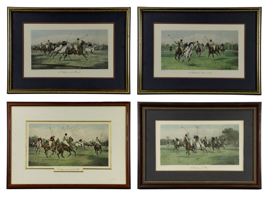Set of 4 Polo Scene Offset Lithographs: Set of 4 polo scene offset lithographs hallmarked Geo Wright verso. Titled: Getting Away with Ball, A Question of Pace, A Gallop on the Boards, A backhander stops a rush. All approximately 21 1/2" (im