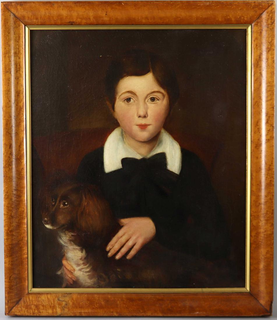 19thC Oil on Canvas of Boy and His Dog: 19th century oil on canvas of a boy and his dog, 20" x 24", in original period birdseye maple frame 24" x 28".