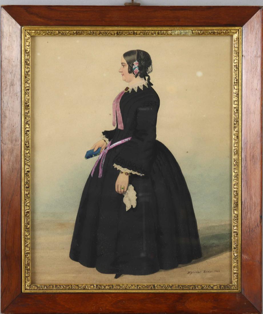 19thC Gouache, Full Length Profile of Lady: 19th century gouache painting, full length profile of a lady in formal dress, signed L/R "Wybrant", dated 1856, 12 1/2" x 10, framed 15" x 13".