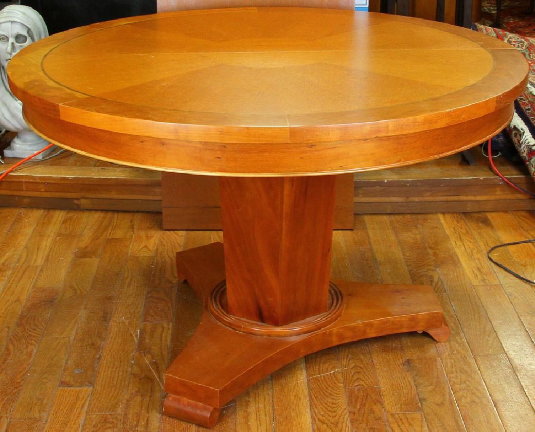 Biedermeier Style Round Dining Table: Biedermeier-style round dining table with single leaf, 28" H x 46" diameter, leaf measures 24" x 46".