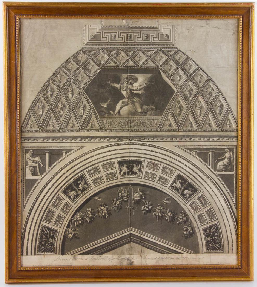 Late 18th C. Architectural Print: Late 18th C. architectural print, inscribed in Latin. Translation: "God divided the light from the darkness. He named the light Day, and the darkness he called Night." Frame 27" x 24".