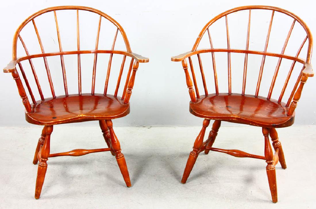 Pair of New England Windsor Style Chairs: Pair of New England Windsor-style armchairs, 34" H x 26" x 22".