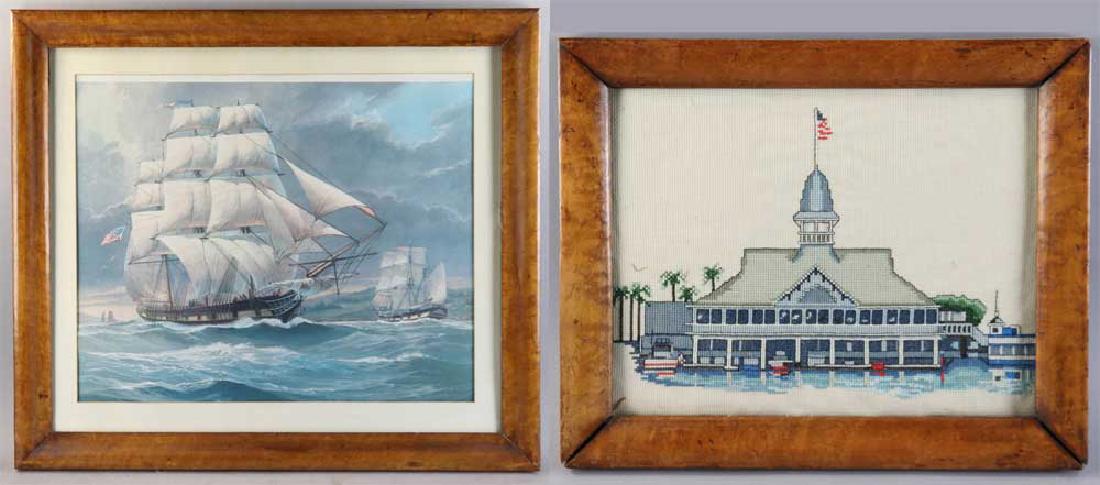Print of Ship in Old Maple Frame: Print of ship in old maple frame together with framed needlework of the Hotel del Coronado.