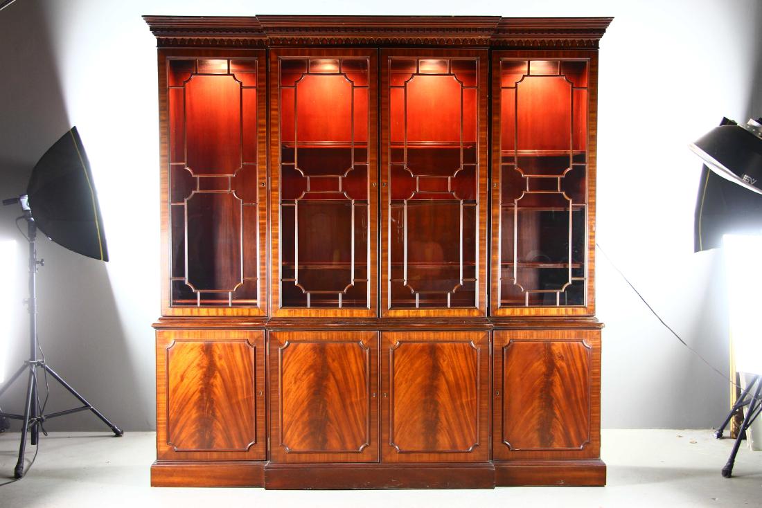 Mahogany Break Front: Mahogany break-front, 92" H x 91" W x 18" D.