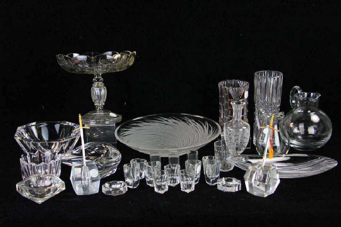 Group of Contemporary Glass Items: Group of contemporary glass items to include: small Orrefors bowl; pair of Baccarat pin dishes; St. Louis sculptured bowl; Salviati cut and frosted center bowl; William Yeoward engraved tumble-up; an
