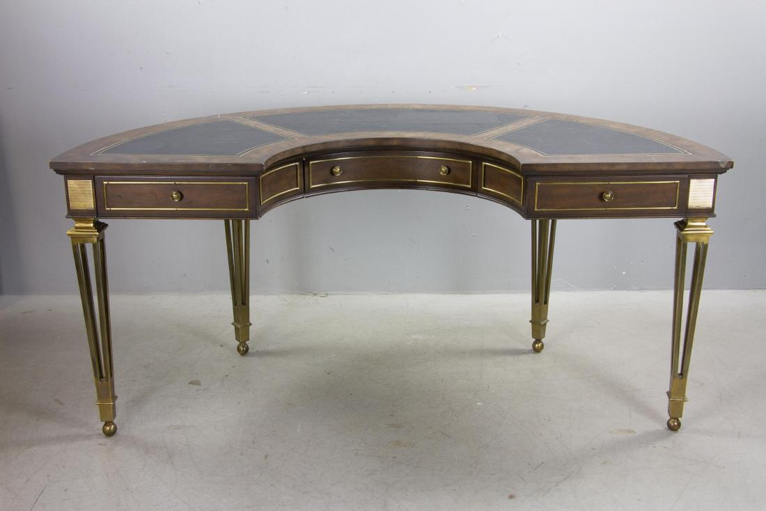 Regency Style Horseshoe Desk by Mastercraft: Regency-style horseshoe style desk by Mastercraft, having black leather top, 29" H x 62" W x 36" D.