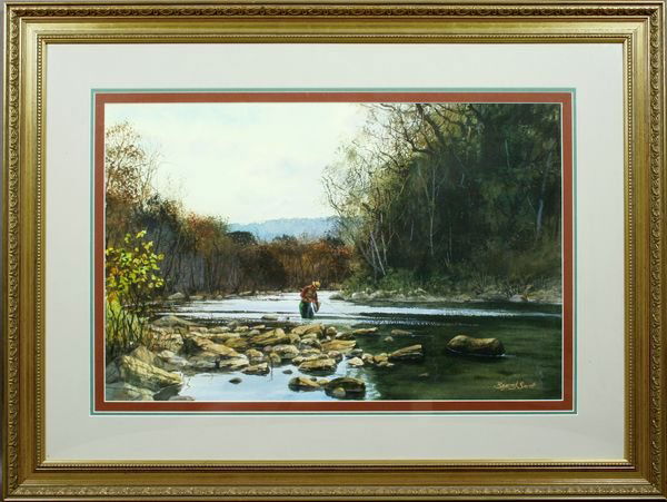 Brett James Smith, Fisherman in Landscape: Brett James Smith (American, born 1958), Fisherman in a River Landscape, watercolor on paper, 13 3/4" x 21 1/4", signed LR. Good condition. Matted and in a frame measuring 23" x 30 3/4".