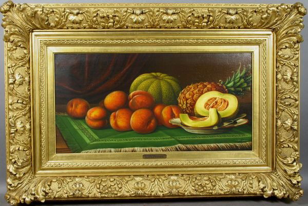 Levi Wells Prentice, Still Life of Peaches, O/C: Levi Wells Prentice (American, 1851-1935), Still Life of Peaches, Cantaloupe and Pineapple, oil on canvas, 12" x 22 1/2", signed LR. Very minor touchup, otherwise good, unlined condition. In a fine pe