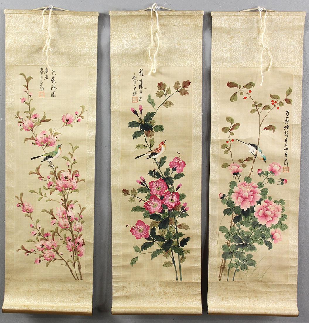 Three Chinese Scroll Watercolors: Three Chinese scroll watercolors 20th century, signed Zhou Qun, 8" H x 13" W.