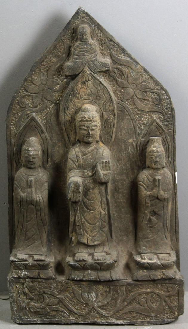 Wei Dynasty Carved Stone Altar Piece with Buddhas: Wei Dynasty carved stone altar piece with three (3) standing Buddhas, 28" H x 15 1/2" W. Provenance: Fort Lauderdale, Florida estate.