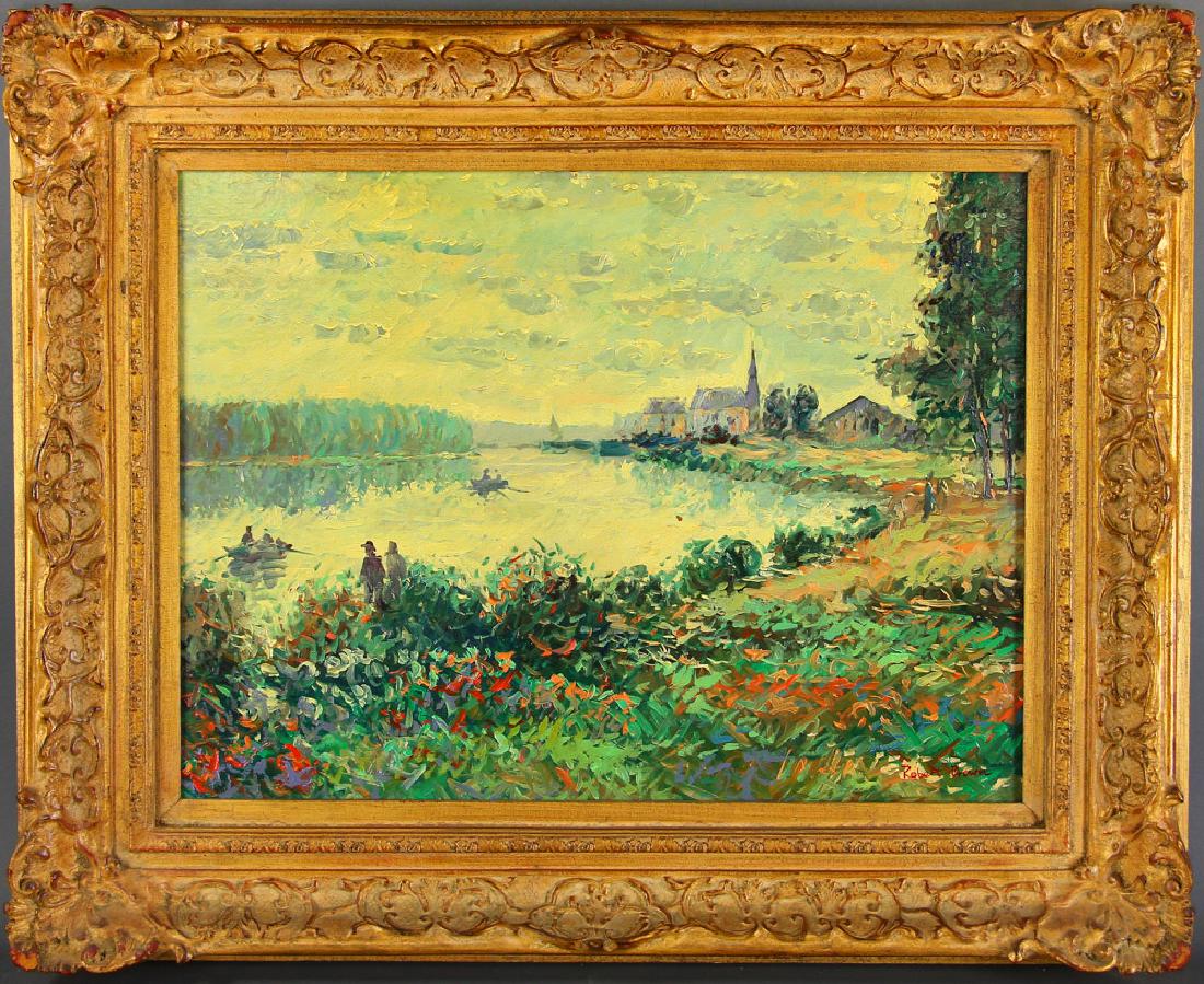 Robert Brown, Canal Rowing Scene, Oil on Canvas: Robert Brown (b.1936), canal rowing scene, oil on canvas, signed L/R, 18" x 24", frame 26" x 32 1/2". Provenance: Hampton, New Hampshire estate.