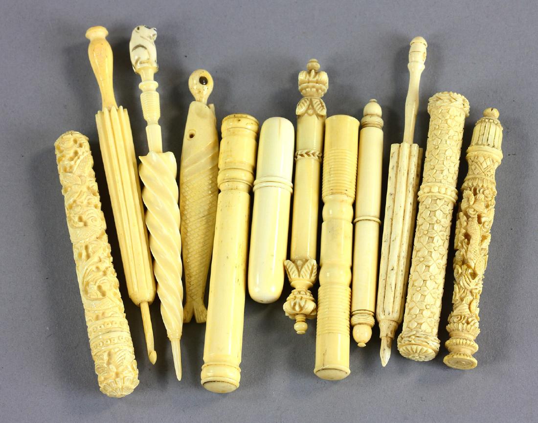 Collection of 19th C Carved Bone Needle Cases: Collection of 19th century finely carved bone needle cases with threaded closures to include three figural parasol-form, one with crochet hook ferrule and one with carved animal finial; one rare figur