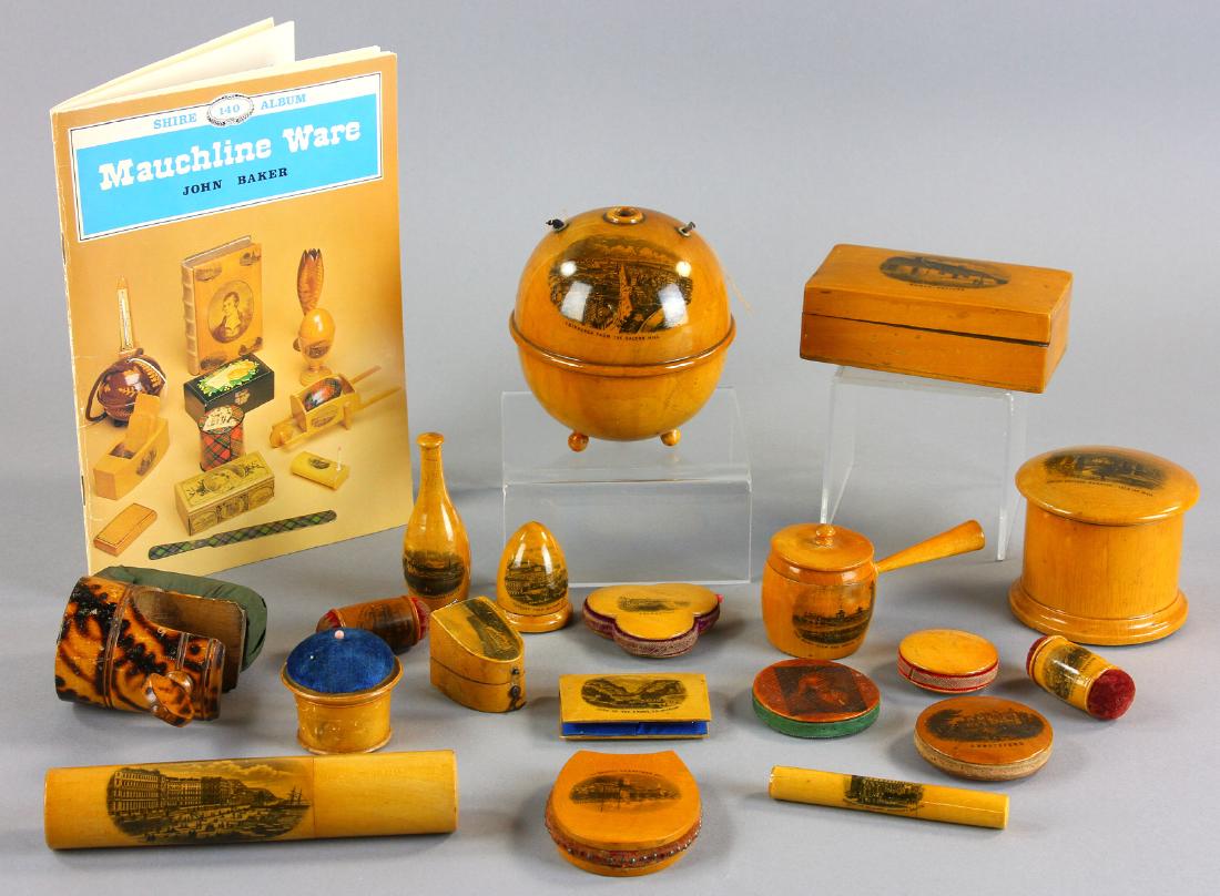Collection of Scottish Mauchline Ware: Large group of Scottish mauchline ware sewing articles to include: footed string holder, 4" H x 3 3/4" diameter; bottle-form combination thread and thimble holder; nine (9) various-shaped pin cushion 