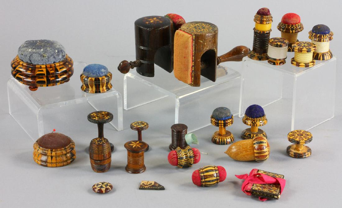 Collection of Tunbridge Ware Sewing Collectibles: Collection of late 19th/early20th century English Tunbridge ware sewing items to include: two (2) sewing clamps with pin cushion tops; large footed pin cushion, 1 3/4" H x 1 3/4" diameter; acorn-form 