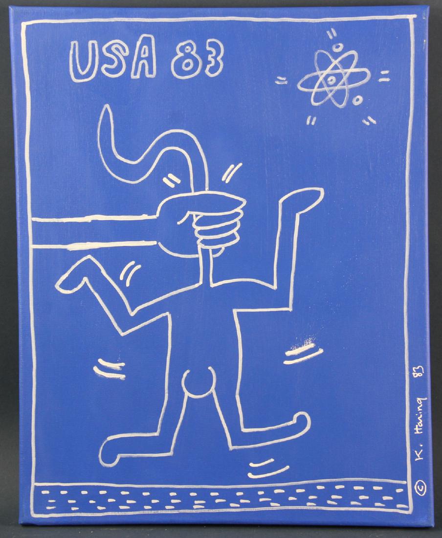 U.S.A. 83', Attributed to Keith Harding: U.S.A. 83', oil on canvas, attributed to Keith Harding, signed and dated '83' L/R, unmatted, unframed, 19 5/8" x 15 1/2". Provenance: Orange California collection.