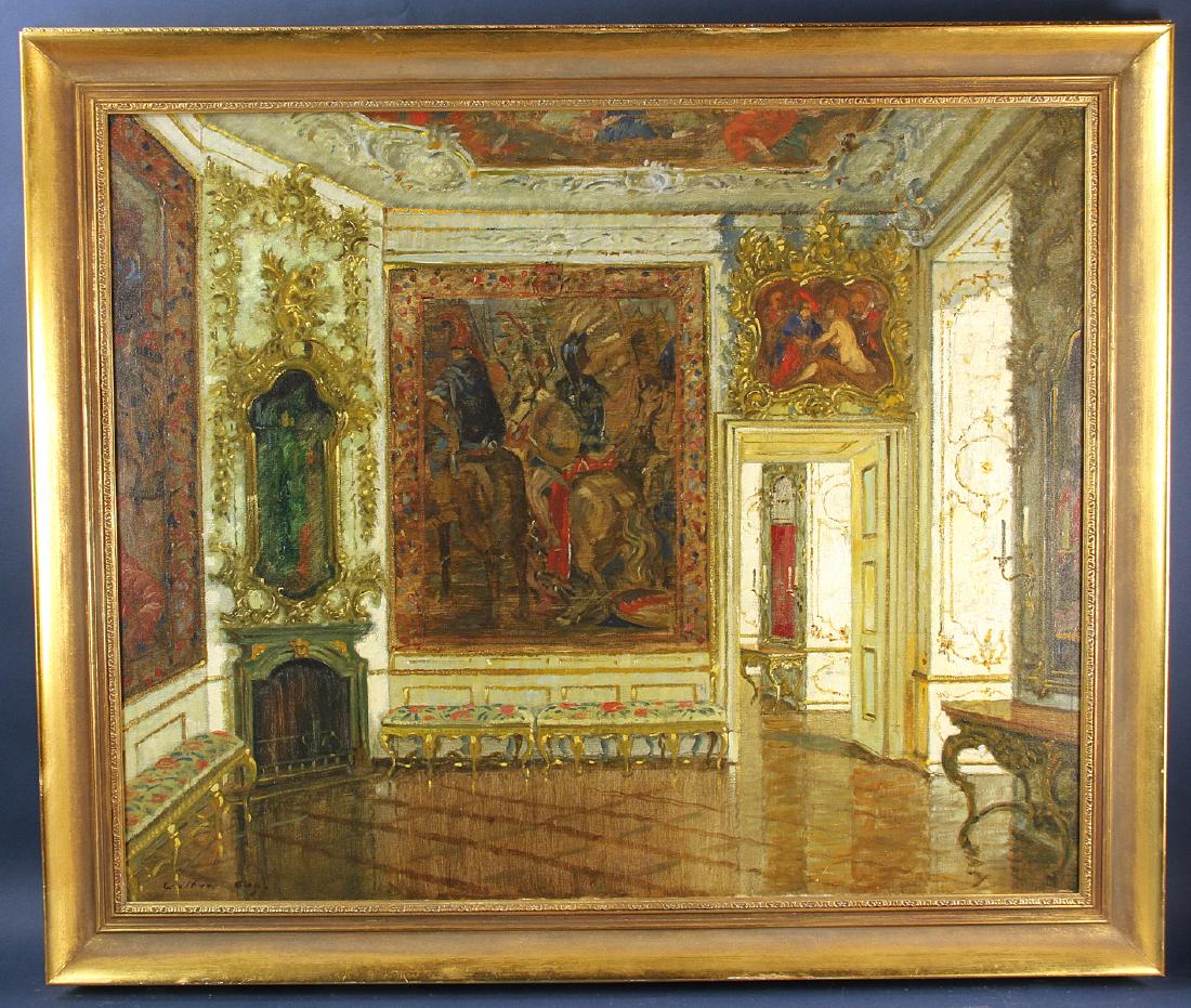 Signed Walter Gay, Interior with Murals: Interior with murals and upholstered benches, oil on canvas, signed Walter Gay (Massachusetts/France, 1856-1937), 30" x 36", framed 34 1/2" x 41". Provenance: Private collection, Portland, Oregon.
