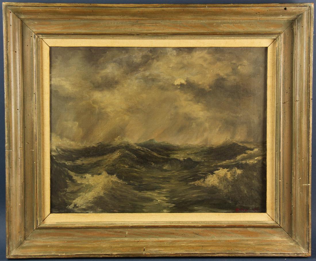 Thomas Moran, Oil on Canvas, Stormy Sea: Thomas Moran, stormy sea, oil on canvas, signed L/R, 14" x 18", frame 20 1/4" x 24 1/2". Provenance: Palm Springs, California collection.