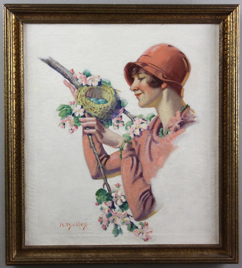 Reginald Bolls, Girl with Nest, Oil on Canvas: Reginald Bolls, illustration girl with bird nest, oil on canvas, signed ,30" x 26", framed 34 1/2" x 30 1/2". Provenance: Palm Springs, Florida estate.