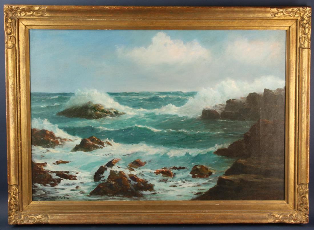 Signed Robert Wood, Rocky Shore: Rocky shore and rough waves, oil on canvas, signed Robert Wood, (Robert William Wood, American, 1889-1979), 24" x 36", framed 30" x 41". Provenance: Private collection, Fair Lawn, New Jersey.
