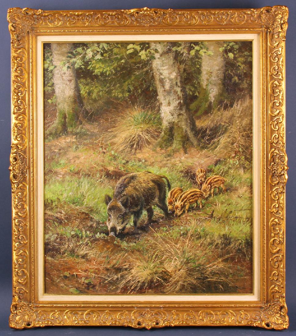 Signed Rosa Bonheur, Boar with Piglets: Boar with piglets, oil on canvas, signed Rosa Bonheur, (Rosa Marie (Rosalie) Bonheur, was active/lived in United States, France, 1822-1899), 24" x 19 3/4", framed 29" x 25 1/4". Provenance: Private co