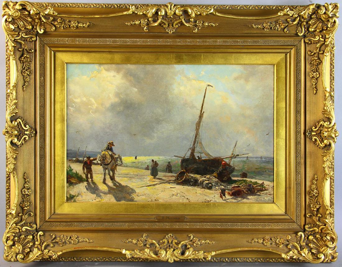 Attr to Fredrick Milner Oil on Canvas of Ship: Attributed to Fredrick Milner (1863-1939), ship on shore with figures, oil on canvas laid down on board, 13 1/2" x 20 1/2", gilt frame 25 1/4" x 32". Provenance: Wenham, Massachusetts estate.