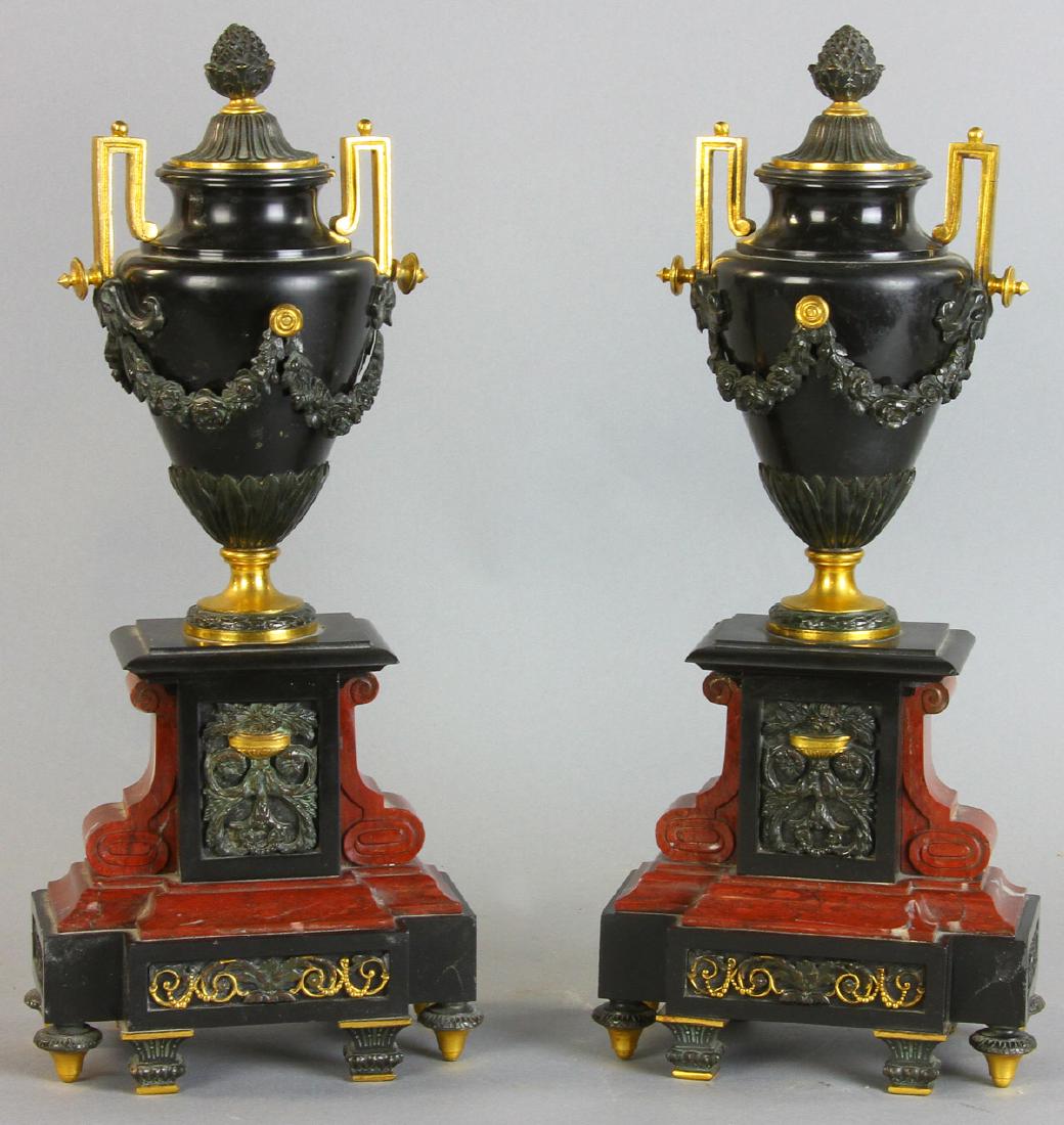 Pair of 19thC French Empire Covered Urns: Pair of 19th century French Empire covered urns, marble and slate with bronze ormolu mounts, 15 1/2" H. Provenance: Topsfield, Massachusetts estate.