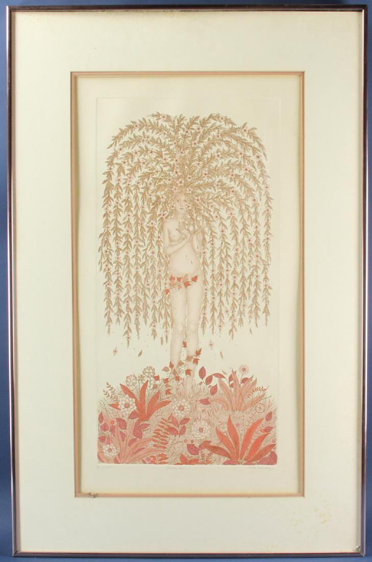 Cuca Romley, Aquatint: Cuca Romley, "L' Arbre Nu", aquatint, signed and numbered 3/125, 23 1/2" x 11 3/4", framed 36" x 23". Provenance: Topsfield, Massachusetts estate.