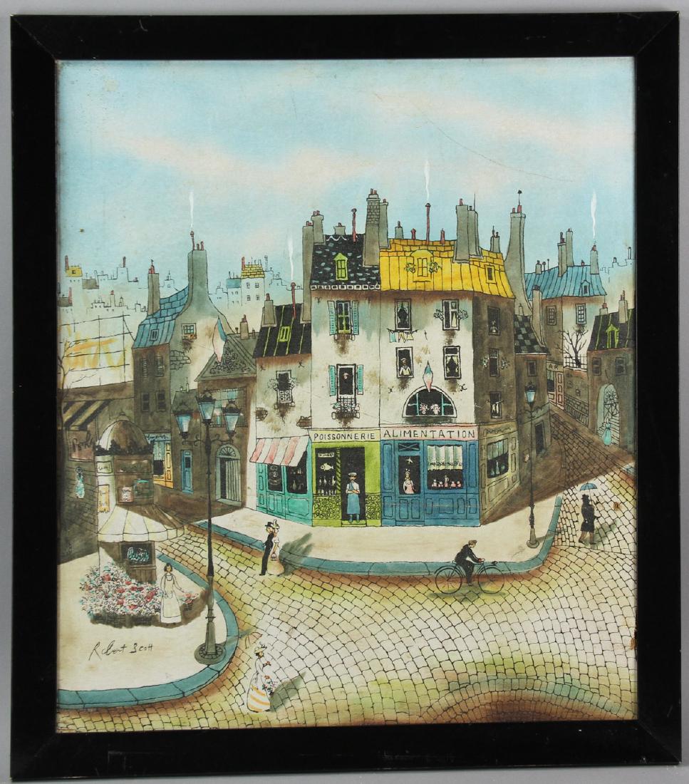 French Street Scene, Oil on Canvas: French street scene, oil on canvas, signed Robert Scott, 24" x 21", framed 27" x 24". Provenance: West Palm Beach, Florida estate.