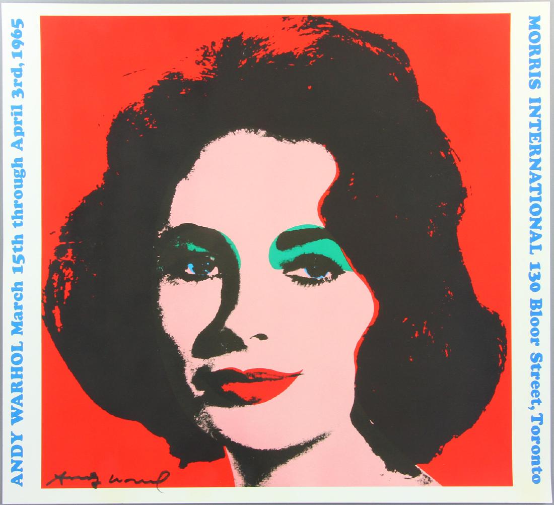 Andy Warhol Liz Taylor Color Poster: Andy Warhol, Liz Taylor, signed color poster, 1965, edition unknown. Published for the exhibition at Morris International, Toronto, March 15th through April 3rd, 1965, black marker signed L/L. Literat