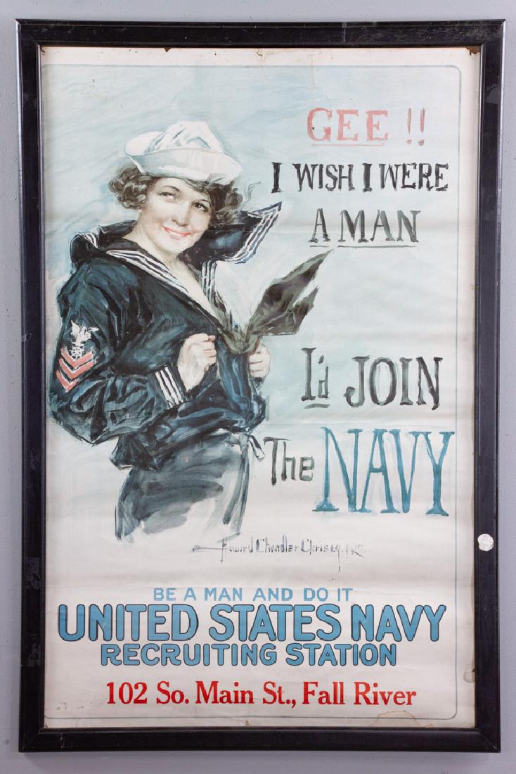 Howard Chandler Christy World War I Poster: Howard Chandler Christy WWI recruiting poster, 'Gee, I Wish I Were A Man, I'd Join The Navy', 41" x 26 1/2", frame 43 1/2" x 29". Provenance: Salem, Massachusetts collection.