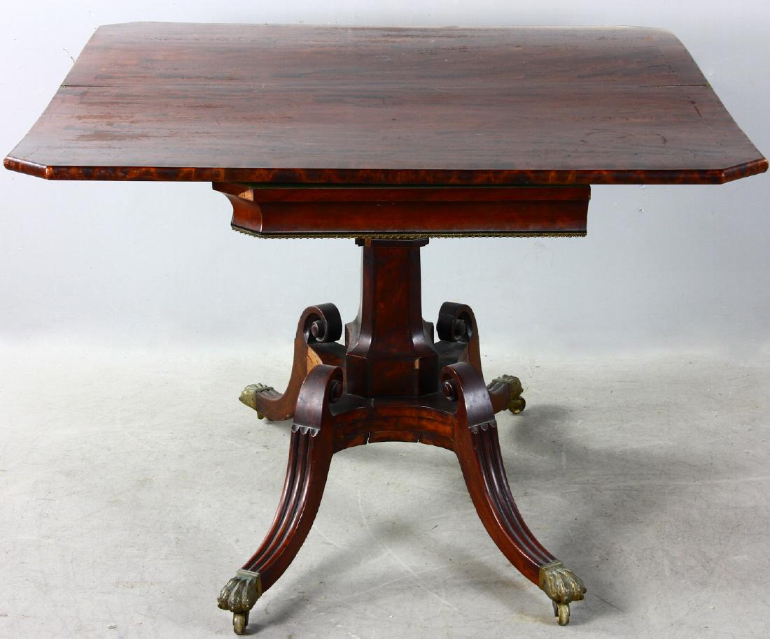 C1860 American Empire Mahogany Card Table: Circa 1860 American Empire mahogany card table with flame mahogany top, 28" H x 39" W x 20 1/4" D (folded). Provenance: Danvers, Massachusetts estate.