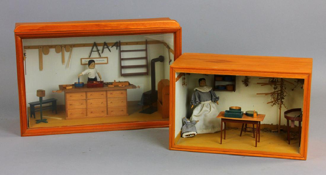 Dollhouse Dioramas, Herbalist Shop and Cabinet Maker's: Two dioramas, one depicting an herbalist shop, and one, a cabinet maker's shop, several pieces of the furniture and accessories are initialed 'RB', largest 10" x 14" x 6". Provenance: Chelmsford, Mass