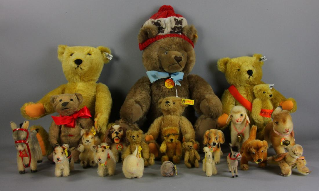Steiff Teddy Bears and Animals: Collection of Steiff teddy bears and animals, twenty-three (23) total, most have labels and ear buttons, largest teddy 20", smallest mouse 1". Provenance: Chelmsford, Massachusetts collection.