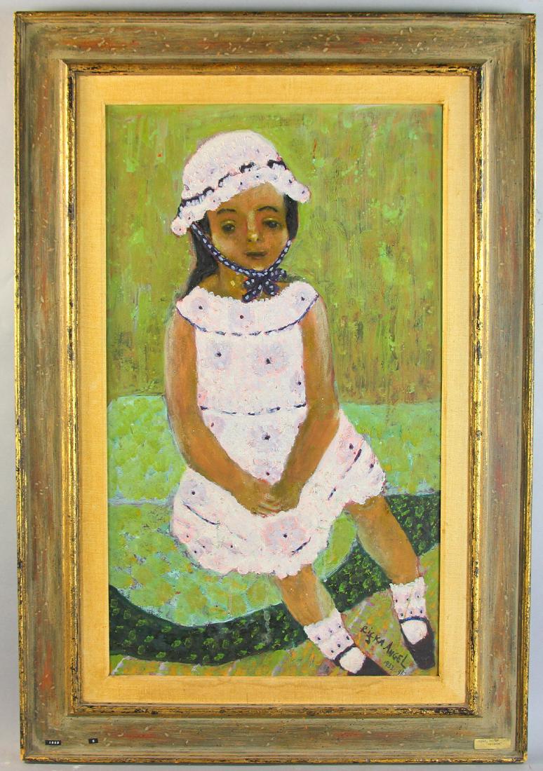 Rifka Angel, Portrait, Oil on Board: Rifka Angel (1899-1988), 'Portrait of a little girl, Felicia', oil on board, signed L/R and dated 1933-1963, Jason Gallery label verso, 26 1/2" x 15 1/2" (sight), frame 35 1/4" x 24". Provenance: Lawr