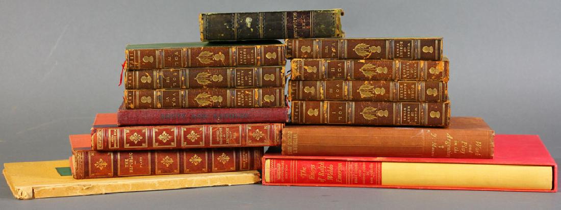 Collection of English Language Leather-bound Books: Collection of English language leather-bound books, to include 'Work & Play in the Argentine', several volumes of 'The Works of Robert Burns', etc., (14) total.