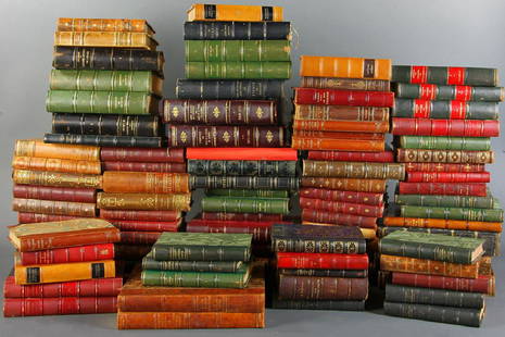 Large Collection of Leather-bound Books: Large collection of foreign language leather-bound books, to include 'Madame Craven', 'Maxime du Camp', 'La Duchesse de Chateauroux', 'Le Scorpion', etc. Approximately (271) total.