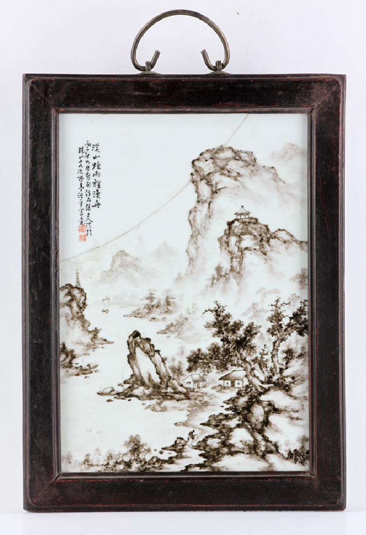 Chinese Black Ink Glazed Porcelain Plaque: Chinese black ink glazed porcelain plaque, 20th century, decorated with river and mountain view, signed Wang Yeting, 14" H x 10 1/2" W. Has been repaired. Provenance: From a Winchester, Massachusetts 