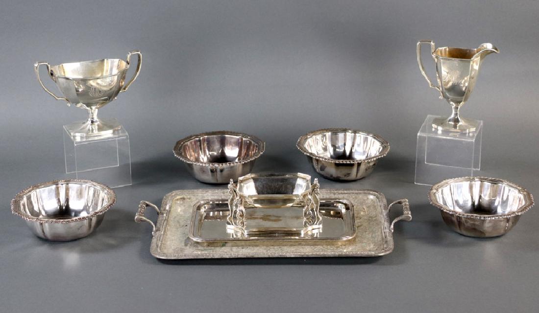Collection of Sterling and 800 Silver Hollowware: Collection of sterling and .800 silver hollowware (trays, bowls, creamer, sugar, etc.), approximately 24.7 troy oz of .800, approximately 36.6 troy oz of sterling. Largest tray 13 3/4" across handles 