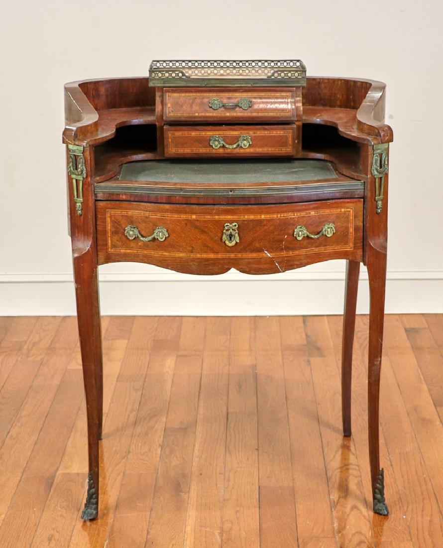 19thC French Style Writing Desk: Late 19th century French-style writing desk with ormolu mounts and marble top, 38" H x 29" W x 20" D. Provenance: Florida estate.