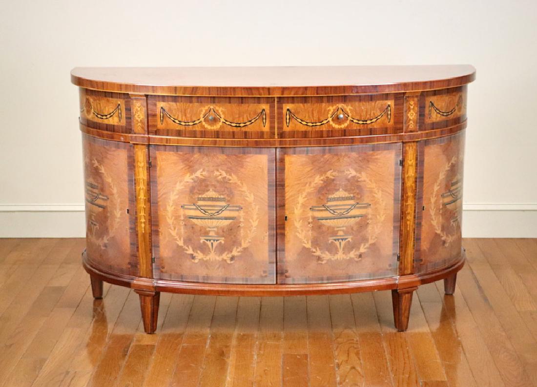 Demilune Credenza with Extensive Inlay: Demilune credenza with extensive inlay (swag, banded, bellflower, wreath, etc.), 33 1/4" H x 54 3/4" W x 19 3/4" D.