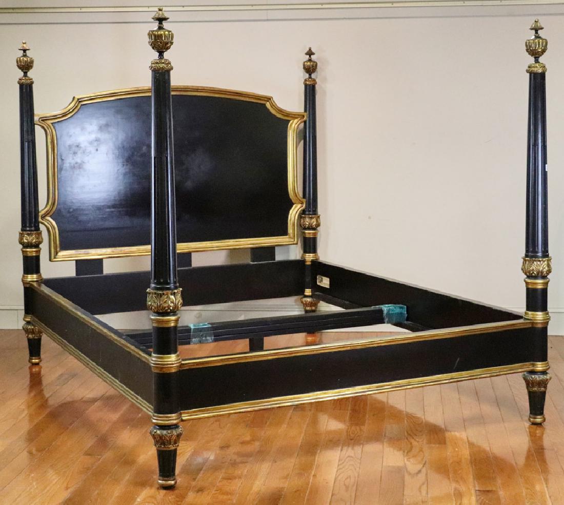 French Empire Style Bed, Black with Gilt: French Empire-style bed, black with gilt trim, 66" H x 69" W x 91" L.