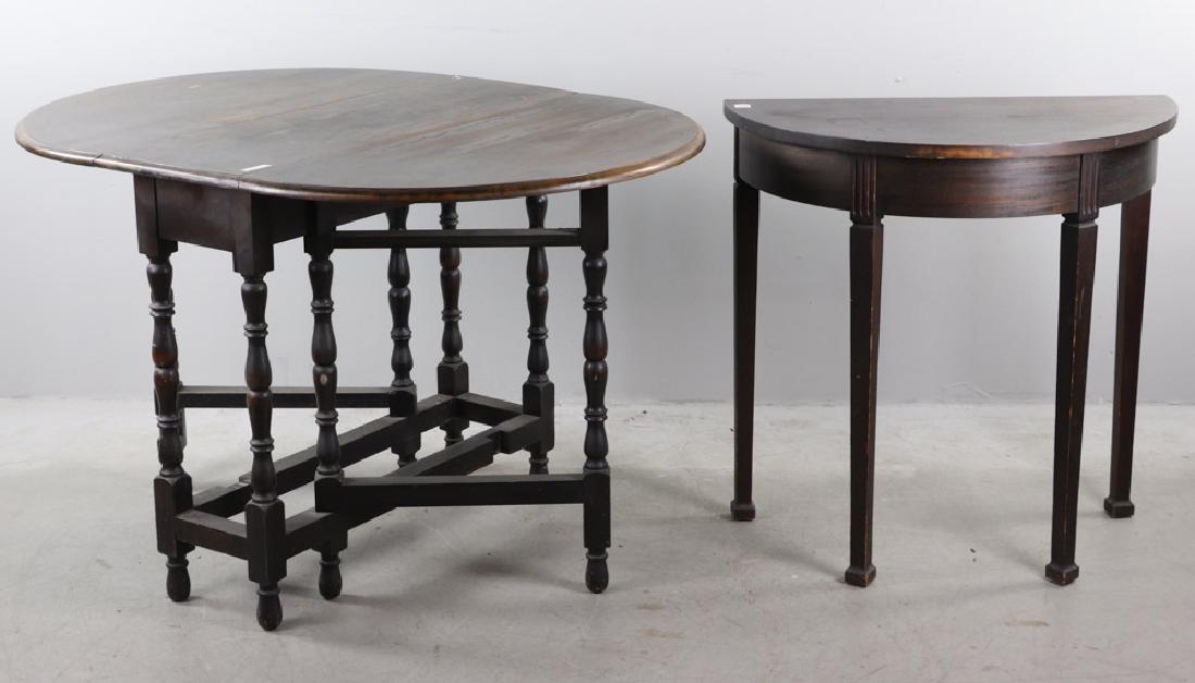 Diminutive Hepplewhite Table and Gate-leg: Diminutive Hepplewhite demilune table, and a gate-leg table, 30" x 30", 30" H x 47" W x 35" D. Provenance: Florida estate.