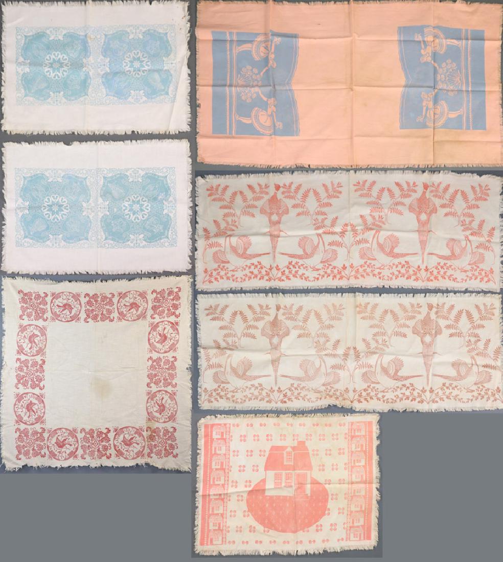 Collection of Folly Cove Designs Fabrics: Collection of Folly Cove Designs block printed fabrics to include placemats, table runners, small table cloth, seven (7) pieces total, table cloth 33" square. Provenance: Gloucester, Massachusetts col